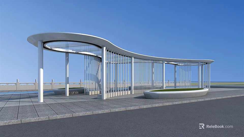 Modern Outdoor Pergola With Curved White Structure Vertical Slats And Stone Paved Floor 3d model 