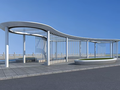 Modern Outdoor Pergola With Curved White Structure Vertical Slats And Stone Paved Floor 3d model
