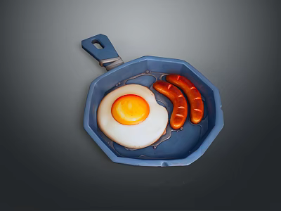 Blue Non Stick Frying Pan With Fried Egg And Sausages For Breakfast 3d model