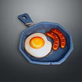 Blue Non Stick Frying Pan With Fried Egg And Sausages For Breakfast