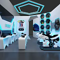 Tech Exhibition Hall Featuring White Counters Blue Lighting Hexagon Shelves And Robot Models 3d model