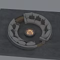 White Sectional Sofa With Gray Cushions Surrounding Central Fire Pit On Concrete Platform 3d model