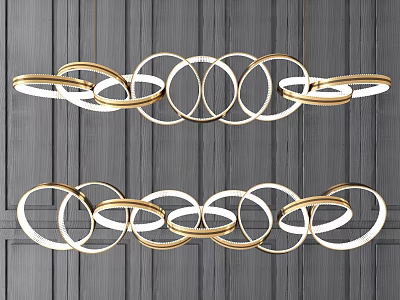 Stylish Modern Golden Circular Ring Chandeliers Illuminated Over Gray Wooden Wall 3d model