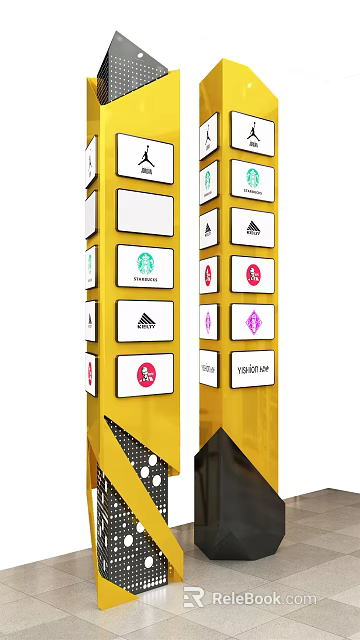 Yellow Roadside Information Pillars With Multiple Brand Logos For Commercial Guidance 3d model 