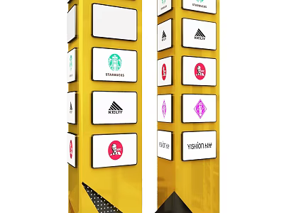 Yellow Roadside Information Pillars With Multiple Brand Logos For Commercial Guidance 3d model