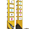 Yellow Roadside Information Pillars With Multiple Brand Logos For Commercial Guidance