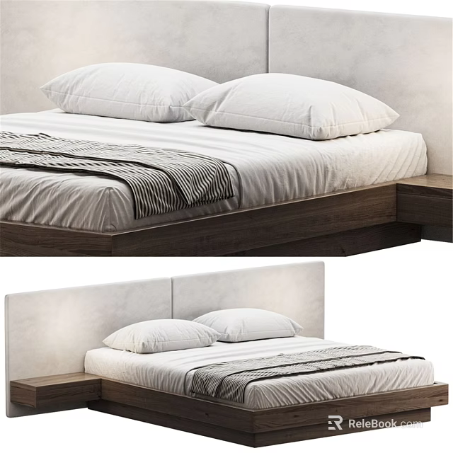 Modern Double Bed With Light Gray Headboard White Pillows Striped Blanket And Wooden Frame 3d model 