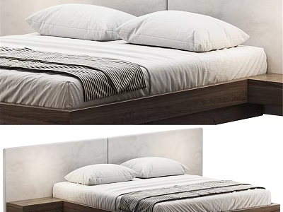 Modern Double Bed With Light Gray Headboard White Pillows Striped Blanket And Wooden Frame 3d model
