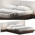 Modern Double Bed With Light Gray Headboard White Pillows Striped Blanket And Wooden Frame