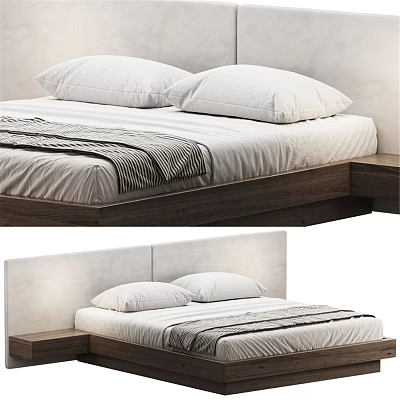 Modern Double Bed With Light Gray Headboard White Pillows Striped Blanket And Wooden Frame 3d model