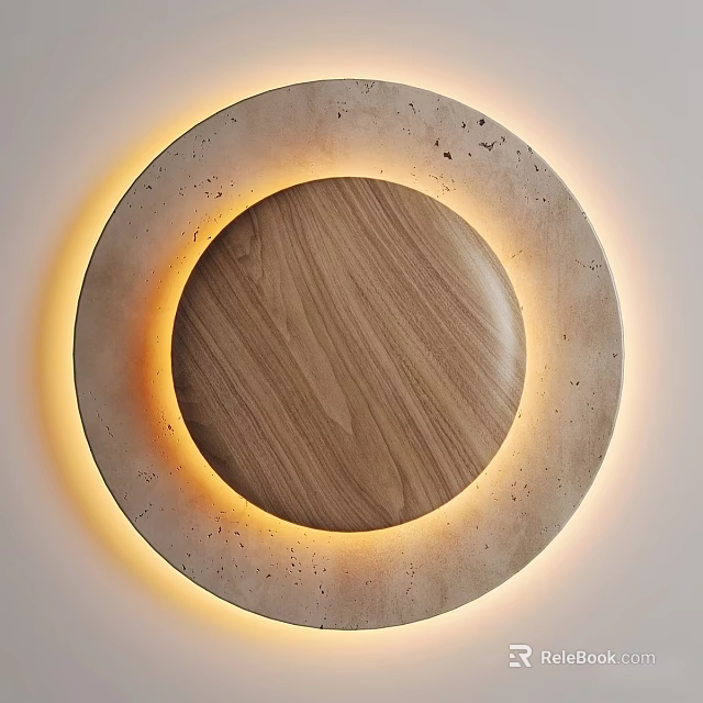 Textured Concrete Circular Wall Lamp With Wooden Center And Warm Glowing Illumination 3d model 