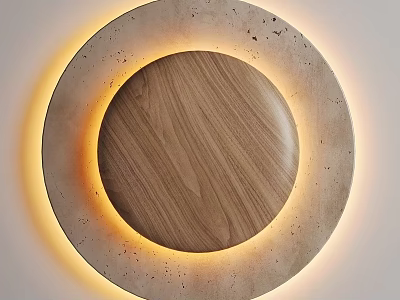 Textured Concrete Circular Wall Lamp With Wooden Center And Warm Glowing Illumination 3d model