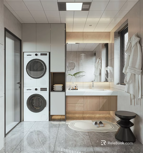 Modern Bathroom Interior With Stacked Washing Machine Dryer Wall Mirror Vanity And Natural Light 3d model 