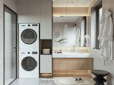 Modern Bathroom Interior With Stacked Washing Machine Dryer Wall Mirror Vanity And Natural Light 3d model