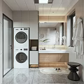 Modern Bathroom Interior With Stacked Washing Machine Dryer Wall Mirror Vanity And Natural Light