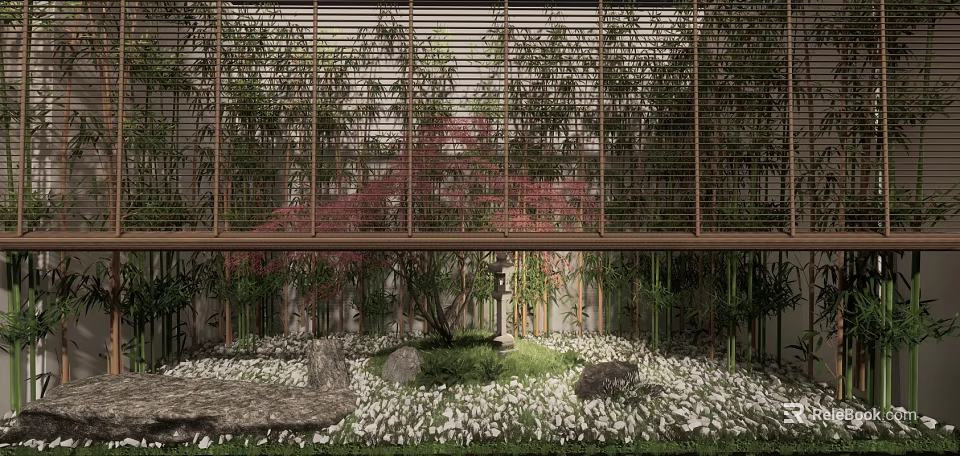 Traditional Garden Landscape With Bamboo Lattice Red Maple Tree Stone Lantern And White Pebbles 3d model 