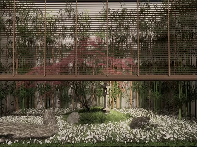 Traditional Garden Landscape With Bamboo Lattice Red Maple Tree Stone Lantern And White Pebbles 3d model