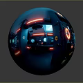 Cartoon Scene of Futuristic Car Showroom with Neon Lights and Sleek Black Sports Car