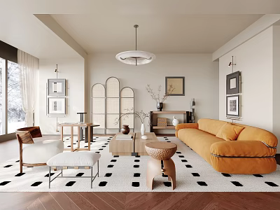 Stylish Living Room Interior With Orange Sofa Black White Checkered Rug And Arched Room Divider 3d model