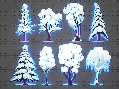 Various Snow Covered Trees With Blue Glowing Edges And Diverse Shapes 3d model