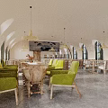 Spacious Interior Space With Arched Windows Green Chairs Wooden Tables Pendant Lights And Large Screen