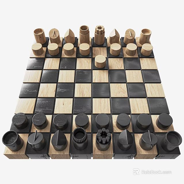 Wooden Chessboard With Black And White Squares And Various Shaped Pieces 3d model 