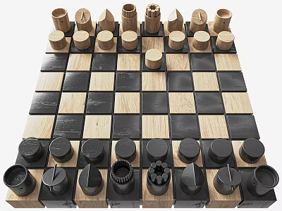 Wooden Chessboard With Black And White Squares And Various Shaped Pieces 3d model