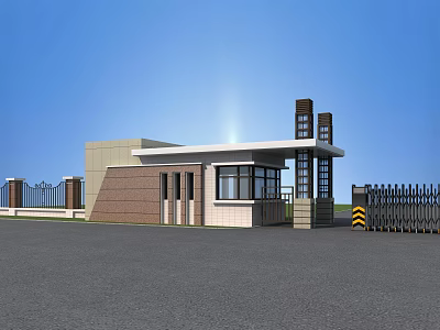 Modern Entrance Gate Architectural Design With Metal Fence Guard House And Brick Glass Structure 3d model