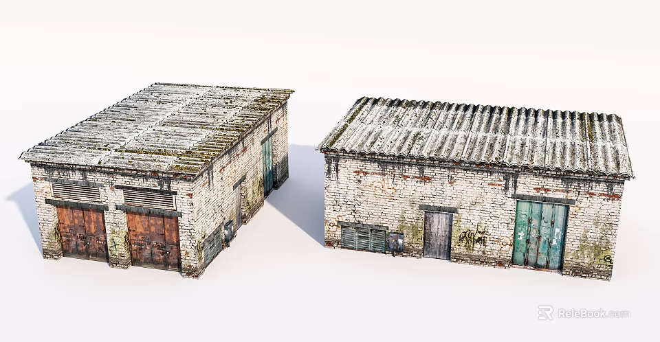 Two Old Weathered Brick Buildings With Corrugated Metal Roofs And Wooden Doors 3d model 