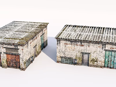 Two Old Weathered Brick Buildings With Corrugated Metal Roofs And Wooden Doors 3d model