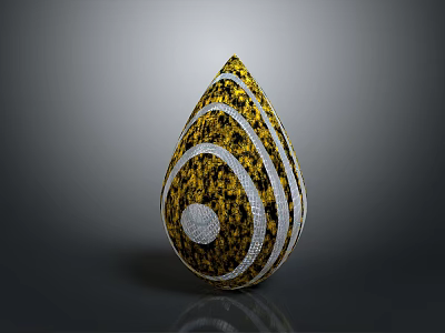 Shiny Teardrop Shaped Decorative Piece With Yellow White Spiral Patterns And Circular Ornament 3d model