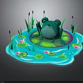 Green Frog on Lily Pad with Lotus Flowers and Aquatic Plants in Water Area