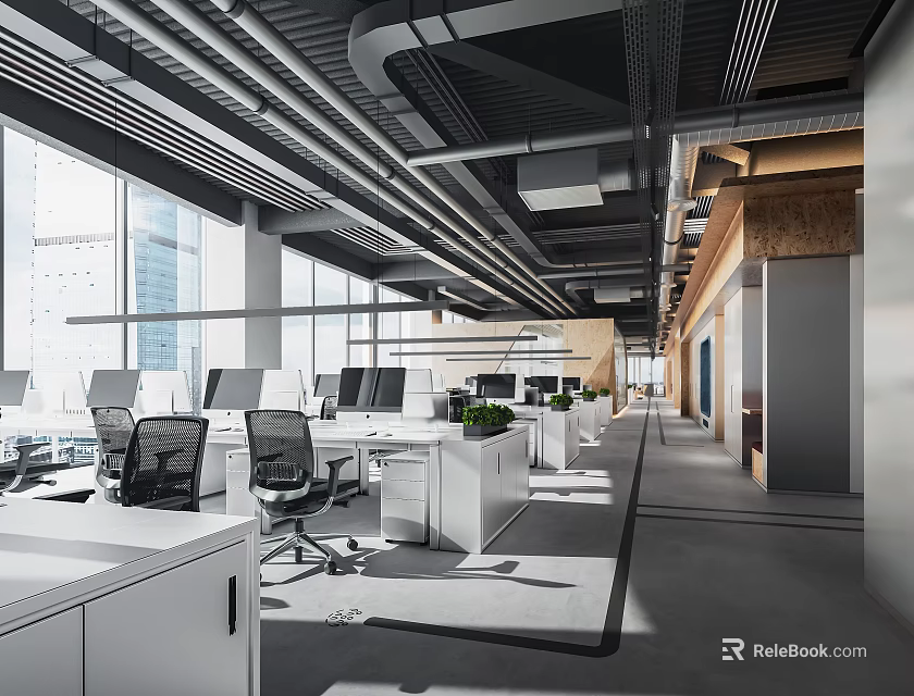 Spacious Public Office Area With Exposed Ducts White Desks Black Chairs Green Plants 3d model 