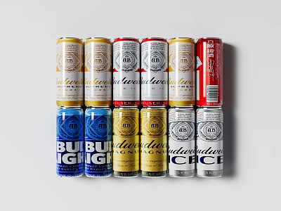 High Angle View Of Assorted Branded Canned Beers Arranged Neatly 3d model