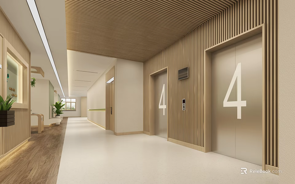 Modern Elevator Interior In Corridor With Wooden Paneling And Number Four 3d model 