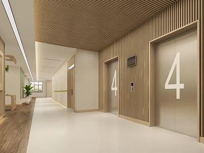Modern Elevator Interior In Corridor With Wooden Paneling And Number Four 3d model