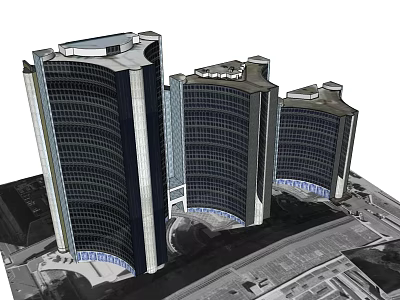Modern Office Building Exterior With Three Tower Glass Curtain Wall Design 3d model