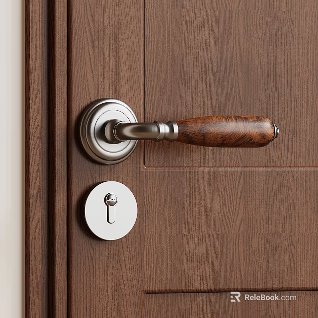 Wooden Door Handle With Wood And Metal Design And Keyhole On Brown Wooden Door 3d model 