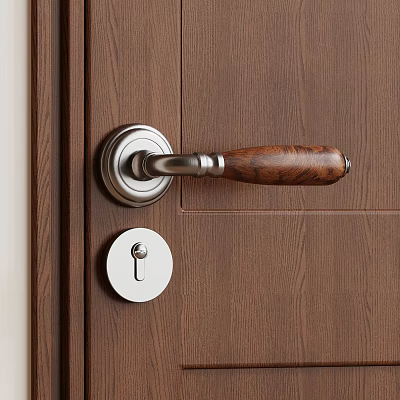 Wooden Door Handle With Wood And Metal Design And Keyhole On Brown Wooden Door 3d model