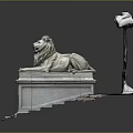 Classic Lion Statue On Stone Pedestal With Stairs And Street Lamp