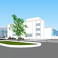 Modern Theater Building Exterior With Glass Curtain Wall Green Roof And Parking Area