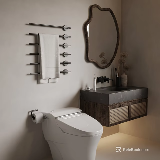 Modern Bathroom Interior Design With Toilet Towel Rack Mirror And Wooden Sink Cabinet 3d model 