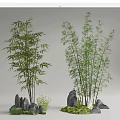 Two Green Bamboo Clumps with Gray Rocks and Small Plants on Grass 3d model