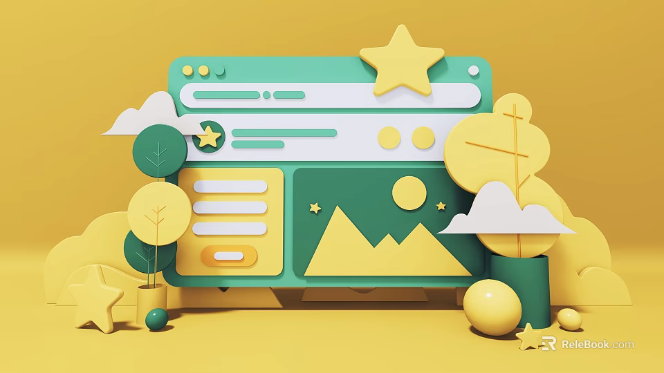 Vibrant Photo Spot Featuring Yellow Background Green Frame Star Decorations Clouds Trees Mountain Patterns 3d model 