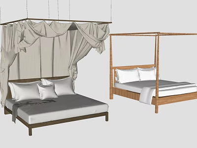 Stylish Double Bed with Canopy and Four Poster Wooden Frames White Mattress and Pillows 3d model