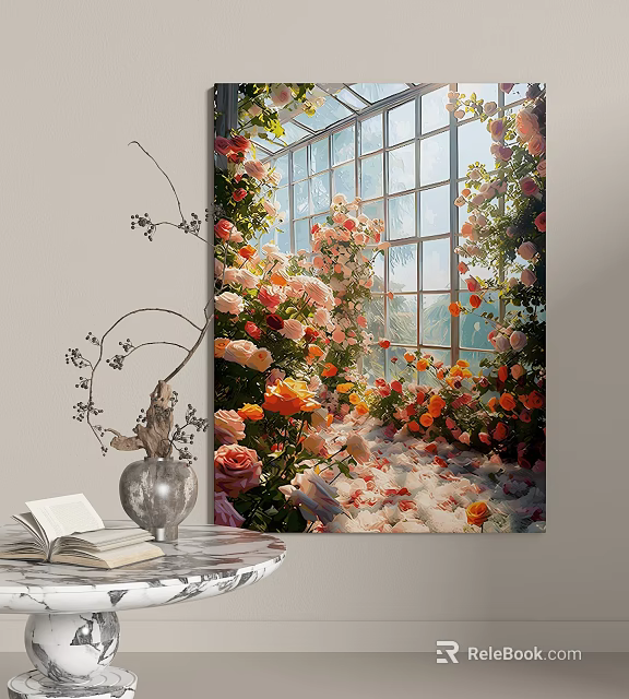 Vibrant Flower Landscape Painting In Bright Room With Table Vase And Book 3d model 