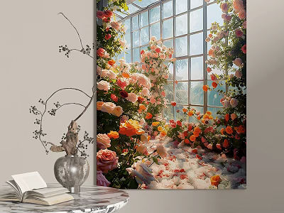Vibrant Flower Landscape Painting In Bright Room With Table Vase And Book 3d model
