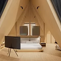 Bright Hotel Room With Triangular Wooden Roof Large Windows Comfortable Bed And Armchair