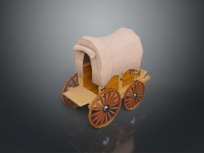 Vintage Wooden Wagon with Canvas Cover and Two Large Wheels Design 3d model