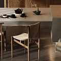 Modern Open Dining Living Room Interior With Wooden Beams Pendant Lights And Island Counter